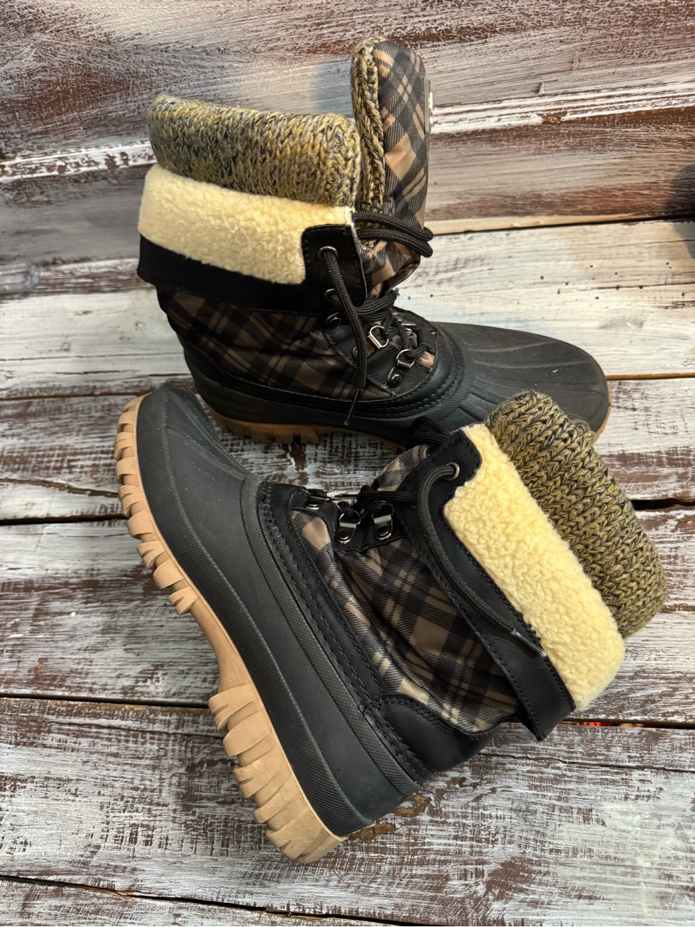 Plaid Winter Duck Boots with Sherpa Cuff